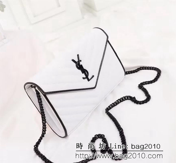 YSL聖羅蘭 黑白配魚子醬牛皮V紋刺繡 鏈條包 26813 YAS1038
